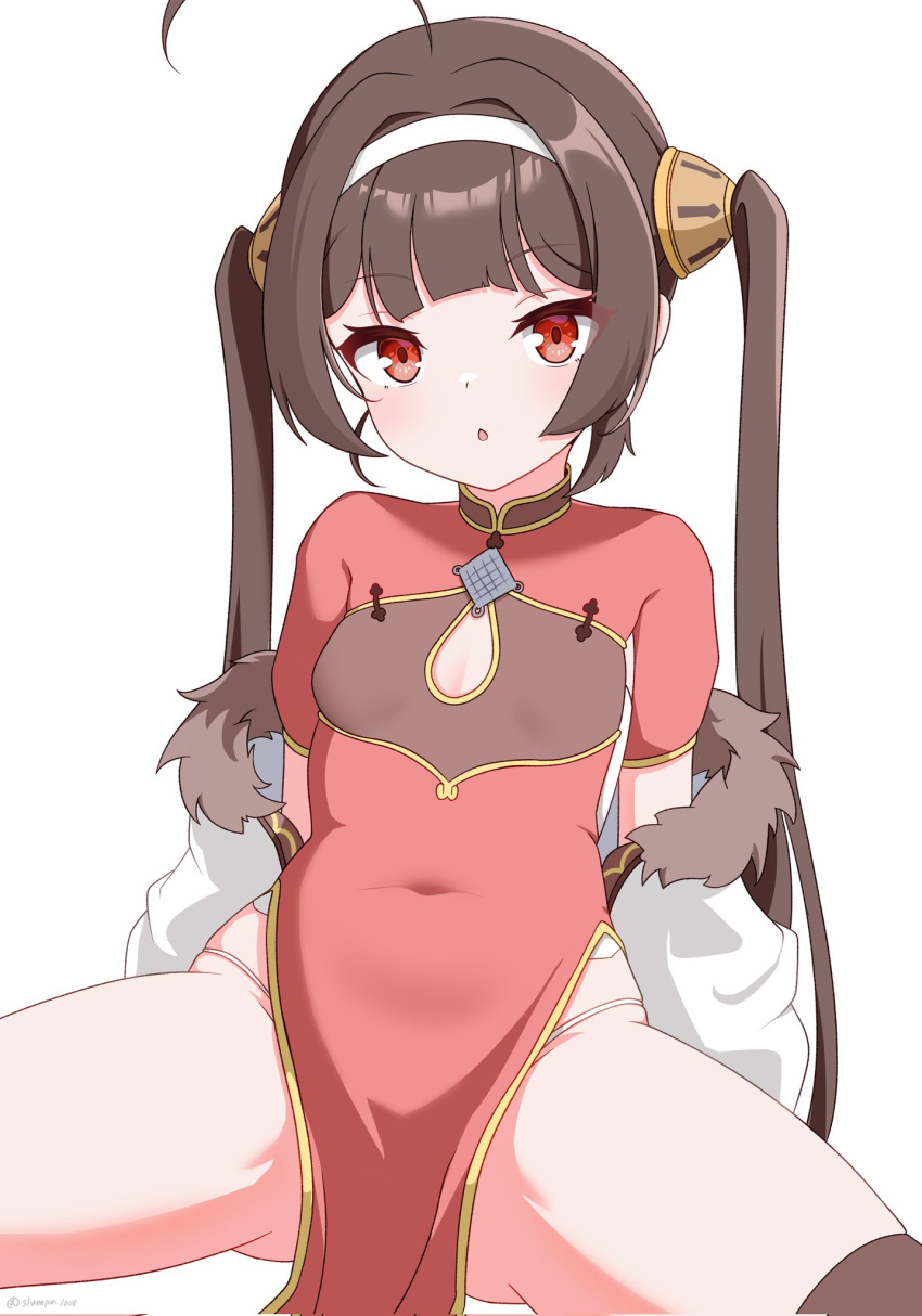 1girl ahoge azur_lane breasts brown_hair china_dress chinese_clothes cleavage_cutout clothing_cutout covered_navel dress fur-trimmed_jacket fur_trim hairband highres jacket long_hair looking_at_viewer panties parted_lips pelvic_curtain ping_hai_(azur_lane) red_eyes short_sleeves simple_background sitting slumpa small_breasts solo spread_legs twintails twitter_username underwear white_background white_hairband white_jacket white_panties