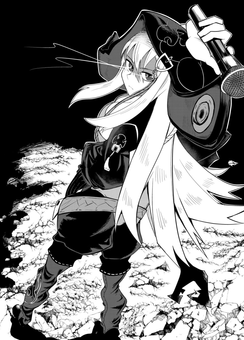 1girl artist_request black_hood glowing glowing_eyes greyscale hair_between_eyes highres holding holding_microphone hololive hololive_english hood hood_up long_hair looking_at_viewer looking_back microphone monochrome mori_calliope mori_calliope_(jigoku_6) official_alternate_costume sidelocks very_long_hair virtual_youtuber