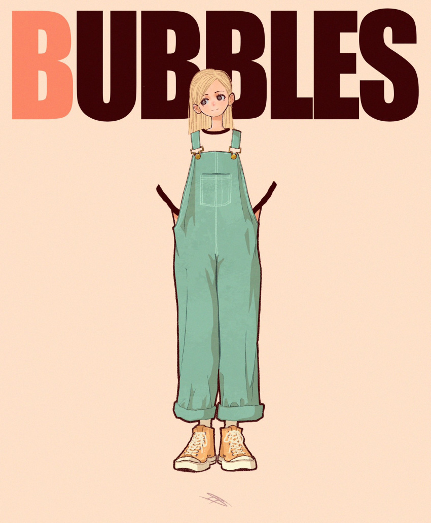 1girl blending blonde_hair blue_overalls bubbles_(ppg) character_name full_body grey_eyes highres long_hair overalls powerpuff_girls shadow shoes short_sleeves simple_background smile solo standing syooooyoooo yellow_footwear