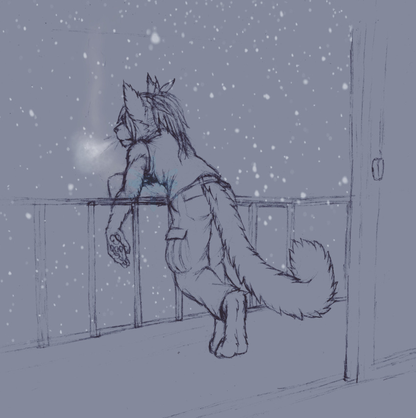 anthro april_dawn balcony barefoot bottomwear breasts breath_cloud cargo_pants clothed clothing domestic_cat feet felid feline felis female fingerpads frostwyrm102 hair hi_res high_ponytail leaning leaning_forward leaning_on_railing mammal mug pants pawpads ponytail rear_view shirt simple_background sketch small_breasts snow snowing solo steam tank_top topwear traditional_media_(artwork)