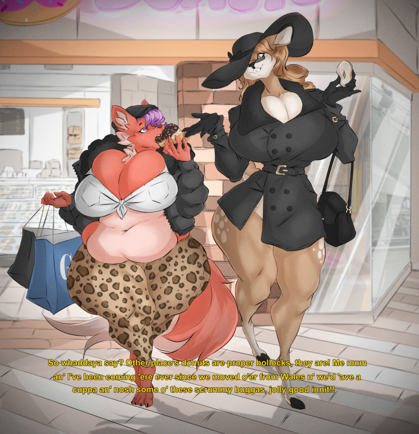 animal_print anthro bottomless bottomless_anthro bottomless_female breasts brown_body brown_fur brown_hair buckteeth captions chubby_anthro chubby_female cleavage clothed clothing coat crop_top deer dessert dialogue digitigrade domestic_cat doughnut dullvivid duo eating eating_food english_text eyewear felid feline felis female fiona_fawnbags_(dullvivid) flat_cap food fur gloves hair handwear hat headgear headwear hi_res hooves jacket leopard_print long_hair mammal markings multicolored_body multicolored_fur new_world_deer open_clothing open_jacket open_topwear pink_body pink_fur purple_hair purse red_body red_fur shirt shopping_bag shopping_mall slightly_chubby smile spots spotted_body spotted_fur spotted_markings sun_hat sunglasses tan_spots teeth text thick_thighs tights_down topwear trenchcoat two_tone_body two_tone_fur white-tailed_deer wide_eyed wide_hips