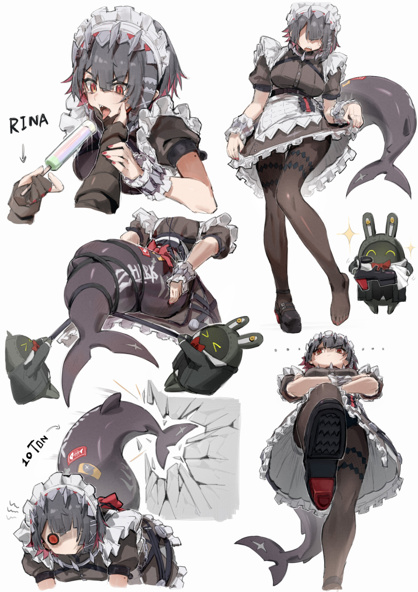 2girls absurdres alexandrina_sebastiane bangboo_(zenless_zone_zero) black_hair breasts crossed_arms dodo_(yatotoyatoto) dress ellen_joe fins fish_tail frilled_dress frills grabbing_another's_chin hand_on_another's_chin highres large_breasts maid_headdress multiple_girls multiple_views no_shoes o_o open_mouth pantyhose piercing red_eyes red_hair red_nails shark_tail shoes short_hair short_sleeves simple_background single_shoe skirt_hold standing standing_on_one_leg tail tongue tongue_out tongue_piercing white_background wrist_cuffs zenless_zone_zero