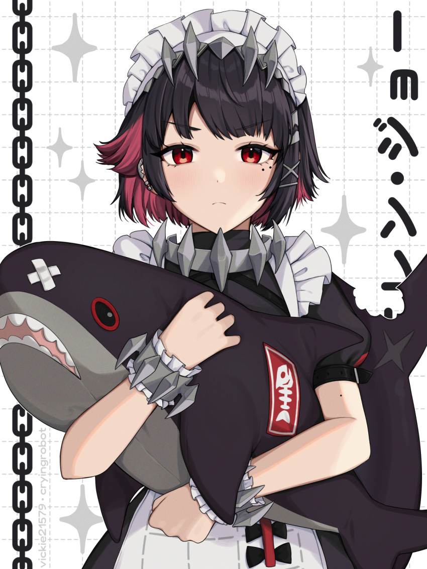 1girl black_hair character_name ear_piercing ellen_joe fins fish_tail highres holding holding_stuffed_toy light_blush light_frown looking_at_viewer maid_headdress mole mole_on_arm mole_under_eye piercing red_eyes red_hair shark_tail short_hair short_sleeves simple_background solo stuffed_animal stuffed_shark stuffed_toy tail upper_body v-shaped_eyebrows vickie_(cryingrobot) wrist_cuffs zenless_zone_zero