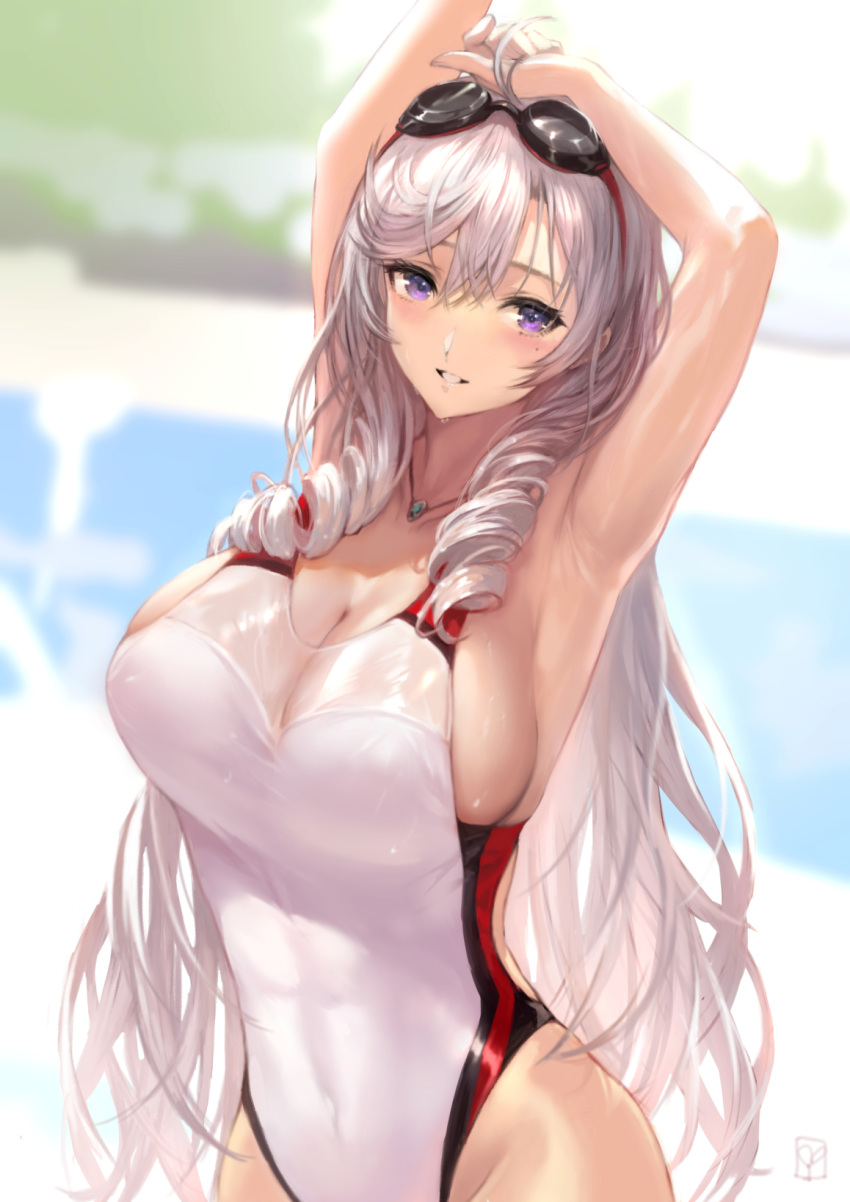 1girl algerie_(azur_lane) alternate_costume arm_behind_head arms_up azur_lane blurry blurry_background breasts competition_swimsuit covered_nipples drill_hair eyewear_on_head grey_hair highres large_breasts long_hair looking_at_viewer mole mole_under_eye multicolored_clothes multicolored_swimsuit one-piece_swimsuit outdoors purple_eyes see-through_swimsuit solo sunglasses swimsuit taut_clothes taut_swimsuit twin_drills very_long_hair white_one-piece_swimsuit yoshiku_(oden-usagi)