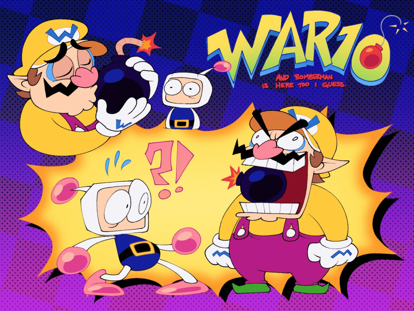 !? ._. 2boys big_nose biting blue_eyeshadow bomb bomberman commentary covered_mouth english_commentary english_text explosive eyeshadow facial_hair gloves hat highres kiss lumspark makeup male_focus mario_(series) multiple_boys mustache overalls pointy_ears surprised wario wario_blast white_bomberman white_gloves