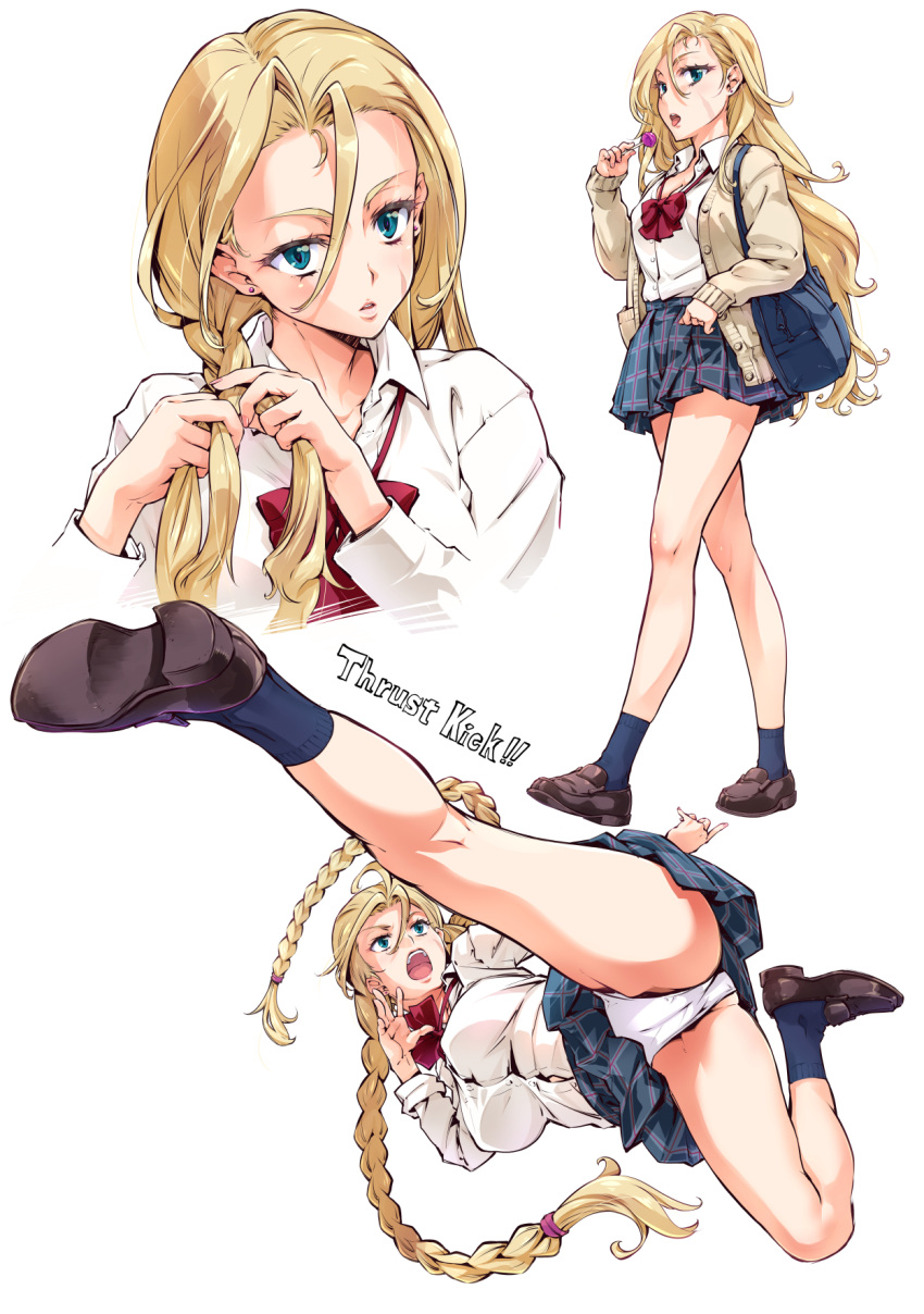 1girl antenna_hair ass blonde_hair blue_eyes blue_skirt blue_socks bow bowtie braid breasts brown_footwear cammy_white candy cardigan collared_shirt flying_kick food hair_down highres holding holding_candy holding_food holding_lollipop kicking large_breasts loafers lollipop long_hair long_sleeves miniskirt open_cardigan open_clothes panties plaid plaid_skirt red_bow red_bowtie school_uniform shirt shoes skirt socks street_fighter suzuki24 twin_braids underwear very_long_hair white_panties white_shirt