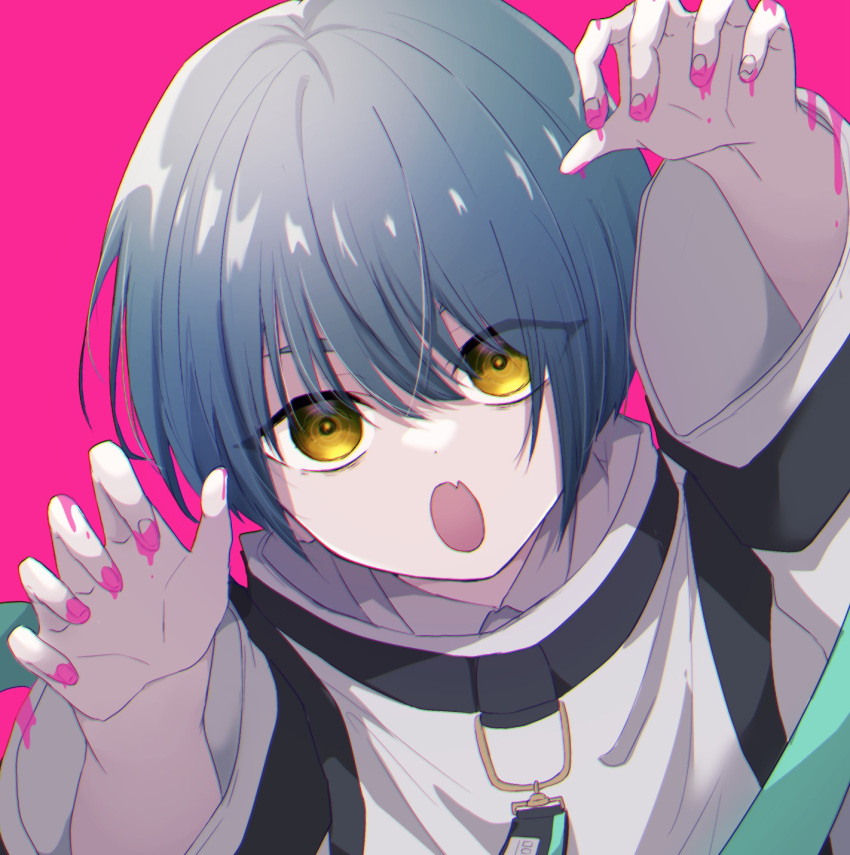 1girl 4tsu8 blood blood_on_hands blue_hair fang highres jacket long_sleeves looking_at_viewer milgram momose_amane open_mouth pink_background pink_blood short_hair simple_background skin_fang solo straitjacket white_jacket yellow_eyes