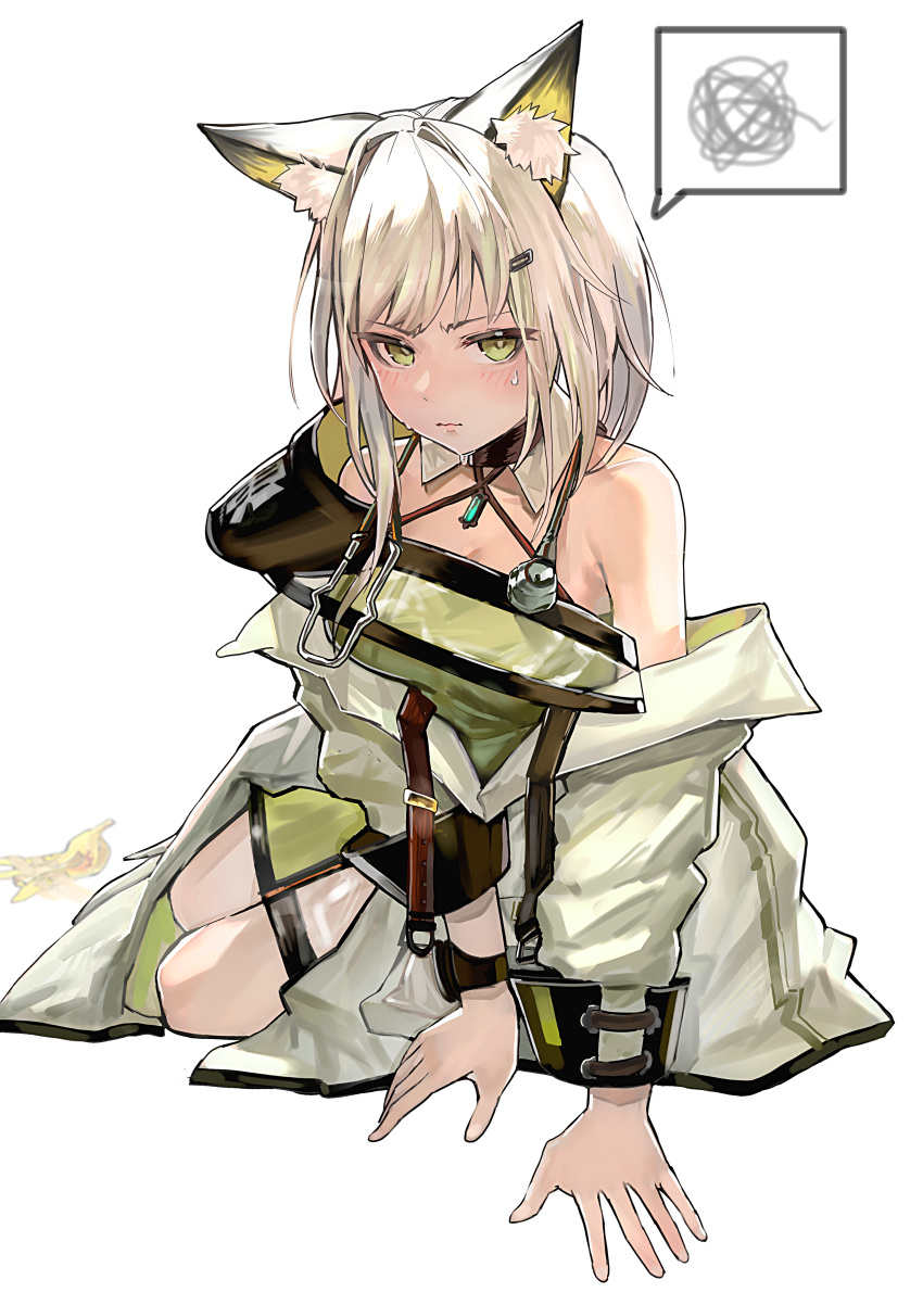 1girl absurdres animal_ear_fluff animal_ears arknights banana banana_peel bare_shoulders blush breasts cat_ears cat_girl closed_mouth dress fallen_down food fruit green_dress green_eyes grscubes hands_on_ground highres hood hooded_coat kal'tsit_(arknights) long_sleeves looking_at_viewer off-shoulder_dress off-shoulder_jacket off_shoulder on_ground scowl short_hair simple_background sitting solo sweat sweatdrop white_background white_hair