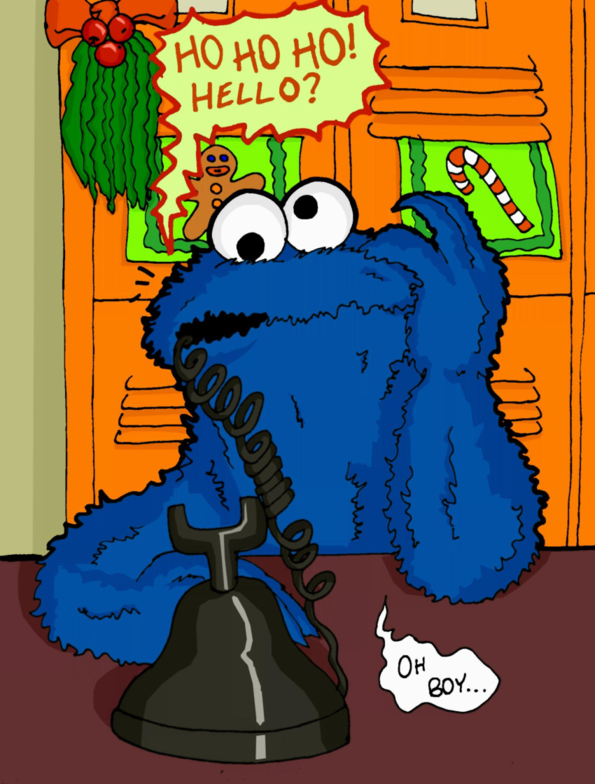 2009 absurd_res blue_body blue_fur candy candy_cane christmas cookie_monster cross-eyed dessert dialogue digital_media_(artwork) electronics english_text food fur gingerbread_man hand_on_head hi_res holidays locker male mightyfilm mistletoe muppet muppets phone plant sesame_street shadow solo speech_bubble text