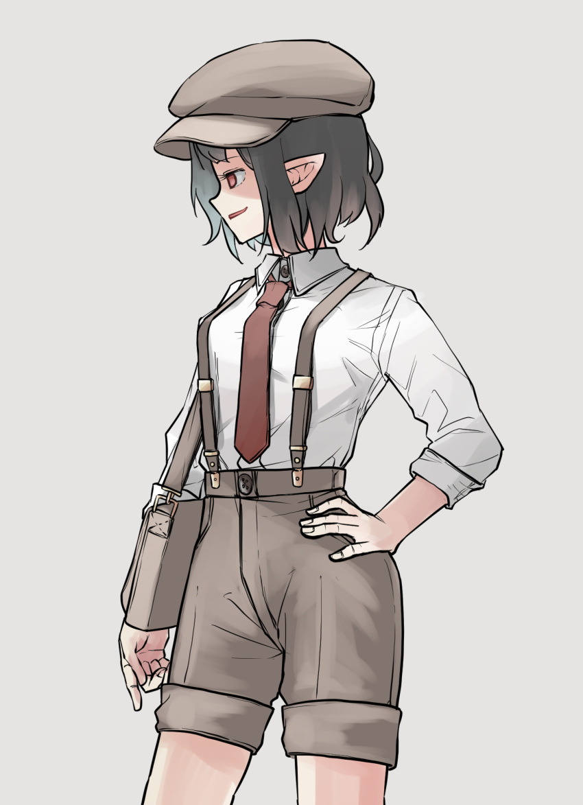 1girl bag black_hair brown_bag brown_headwear brown_shorts cabbie_hat collared_shirt commentary_request cowboy_shot flat_cap grey_background hand_on_own_hip hat highres long_sleeves necktie parted_lips peroponesosu. pointy_ears red_eyes red_necktie shameimaru_aya shameimaru_aya_(newsboy) shirt short_hair shorts shoulder_bag simple_background solo suspenders touhou white_shirt