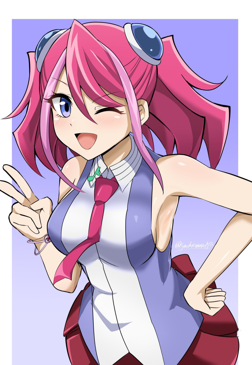 1girl armpits blue_eyes blush breasts highres hiiragi_yuzu medium_breasts musical_note necktie one_eye_closed open_mouth pink_hair red_skirt sideboob skirt solo synchroman twintails twitter_username v yu-gi-oh! yu-gi-oh!_arc-v