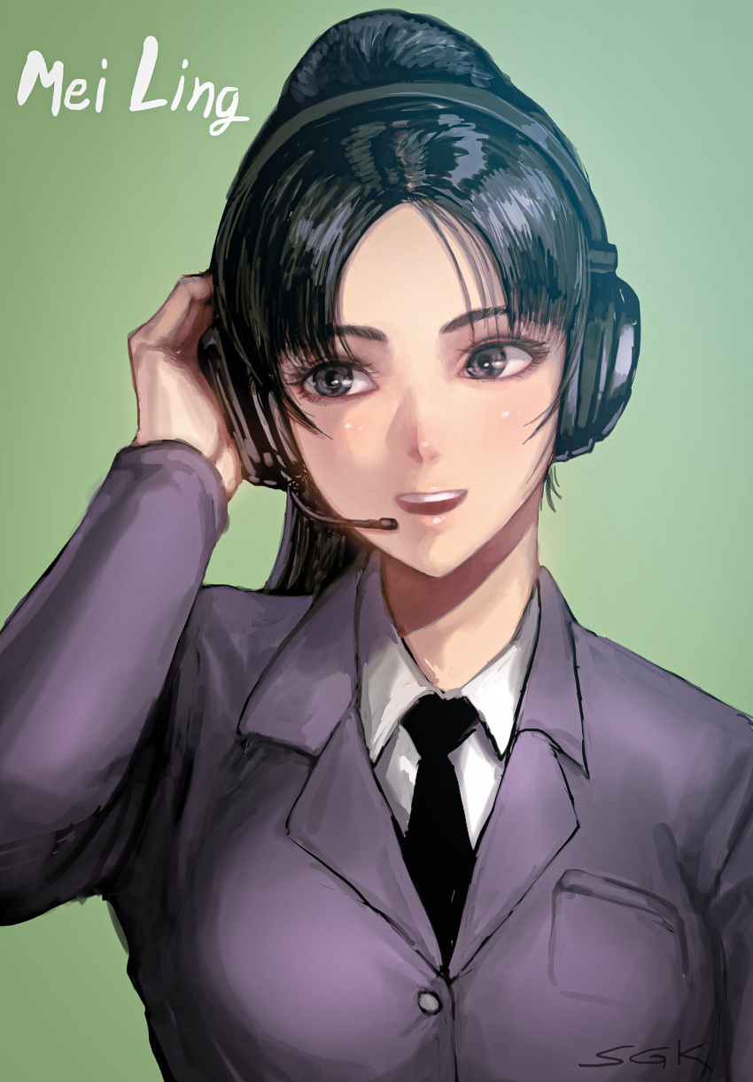 1girl black_eyes black_hair black_necktie breasts character_name commentary_request green_background headphones highres medium_breasts mei_ling metal_gear_(series) metal_gear_solid necktie parted_bangs ponytail sgk solo suit