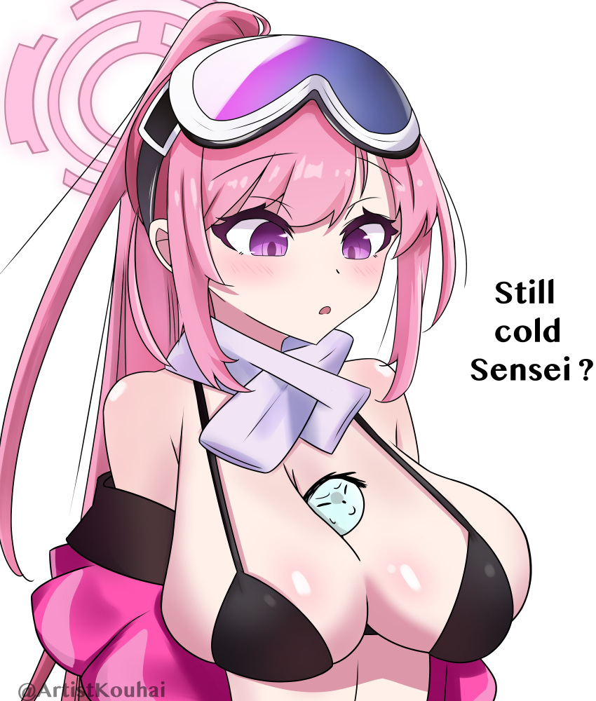 1girl absurdres arona's_sensei_doodle_(blue_archive) artistkouhai blue_archive blush breasts eimi_(blue_archive) eimi_(swimsuit)_(blue_archive) goggles halo highres large_breasts long_hair looking_at_viewer open_mouth pink_eyes pink_hair ponytail scarf sensei_(blue_archive) simple_background white_background