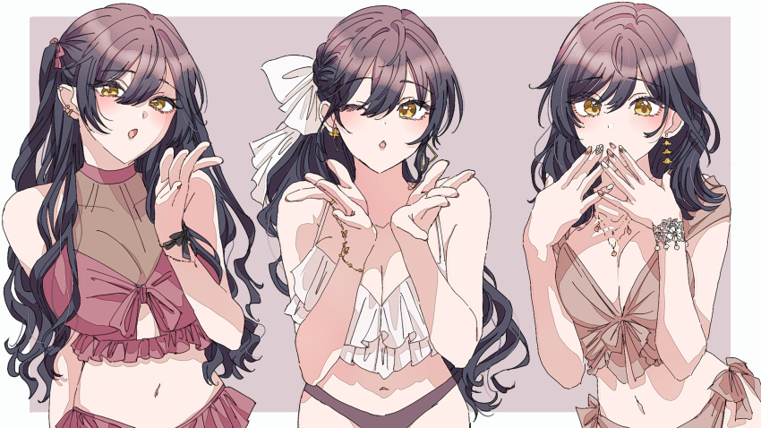 1girl ;o alternate_costume alternate_hairstyle bangle bikini black_hair blowing_kiss blush bracelet breasts brown_bikini cleavage collarbone fingernails frilled_bikini frills hair_between_eyes highres idolmaster idolmaster_shiny_colors jewelry large_breasts long_hair looking_at_viewer mismatched_bikini multiple_views nail_polish navel one_eye_closed paddy_field red_bikini see-through see-through_cleavage shirase_sakuya simple_background stomach swimsuit two-tone_background very_long_hair yellow_background