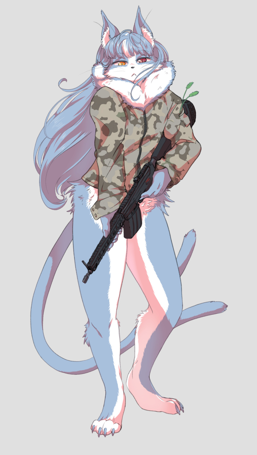 2023 4_toes 5_fingers anthro army_uniform black_nose blue_body blue_fur blue_hair claws clothed clothing domestic_cat feet felid feline felis fingers fur grey_background gun hair heterochromia hi_res hk416 inner_ear_fluff japan_air_self-defense_force looking_at_viewer male mammal murzikteijiro omaneko_(jasdf) paws ranged_weapon rifle simple_background solo toe_claws toes tuft weapon white_body white_fur