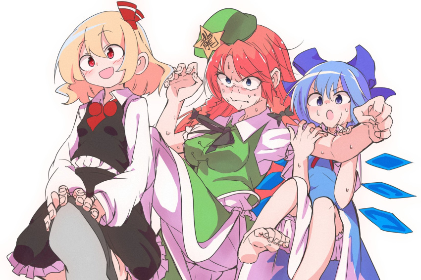 3girls :d :o :| arm_grab barefoot black_bow black_bowtie black_footwear black_skirt black_vest blonde_hair blue_bow blue_dress blue_eyes blue_hair bow bowtie braid breasts china_dress chinese_clothes cirno closed_mouth collared_shirt constricted_pupils detached_wings dot_nose dress feet_out_of_frame frilled_skirt frills full_body green_dress green_headwear hair_between_eyes hair_bow hair_intakes hat_ornament highres hong_meiling ice ice_wings large_bow long_hair long_sleeves looking_at_another looking_at_viewer looking_to_the_side medium_breasts messy_hair multiple_girls multiple_wings necktie pants pants_under_dress red_bow red_eyes red_hair red_necktie rumia shinmon_akika shirt short_hair short_sleeves simple_background skirt skirt_set smile star_(symbol) star_hat_ornament sweat touhou twin_braids v-shaped_eyebrows very_long_hair vest wavy_mouth white_background white_pants white_shirt wings