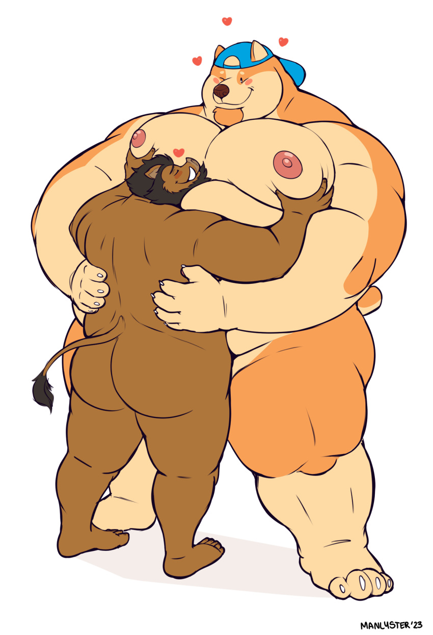 &lt;3 anthro arms_around_partner backwards_hat barefoot beard belly belly_press big_belly blush butt canid canine canis clothing domestic_dog domestic_pig duo embrace eyes_closed facial_hair facing_each_other feet grope hat headgear headwear hi_res holding_partner hug male male/male mammal manlyster moob_grab muscular muscular_anthro muscular_male nipples nude one_eye_closed overweight overweight_anthro overweight_male pit_bull size_difference smaller_male smile soft_belly standing suid suina sus_(pig) tail thick_thighs tusks wild_boar wink