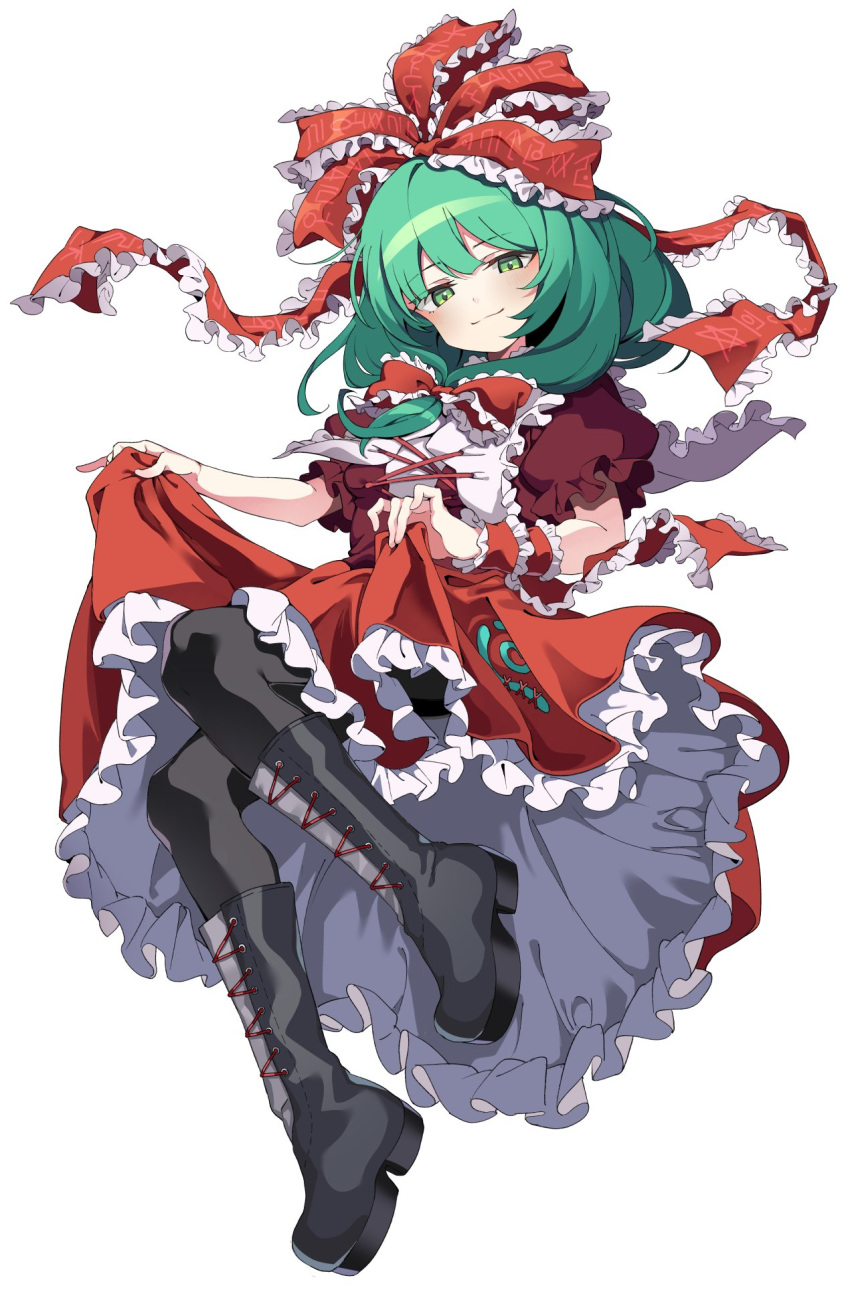 1girl black_footwear black_pantyhose boots closed_mouth commentary_request commission dress frilled_ribbon frilled_skirt frills front_ponytail full_body green_eyes green_hair hair_ribbon highres kagiyama_hina long_hair looking_at_viewer manarou pantyhose puffy_short_sleeves puffy_sleeves red_dress ribbon short_sleeves simple_background skeb_commission skirt skirt_hold smile solo touhou white_background wrist_ribbon