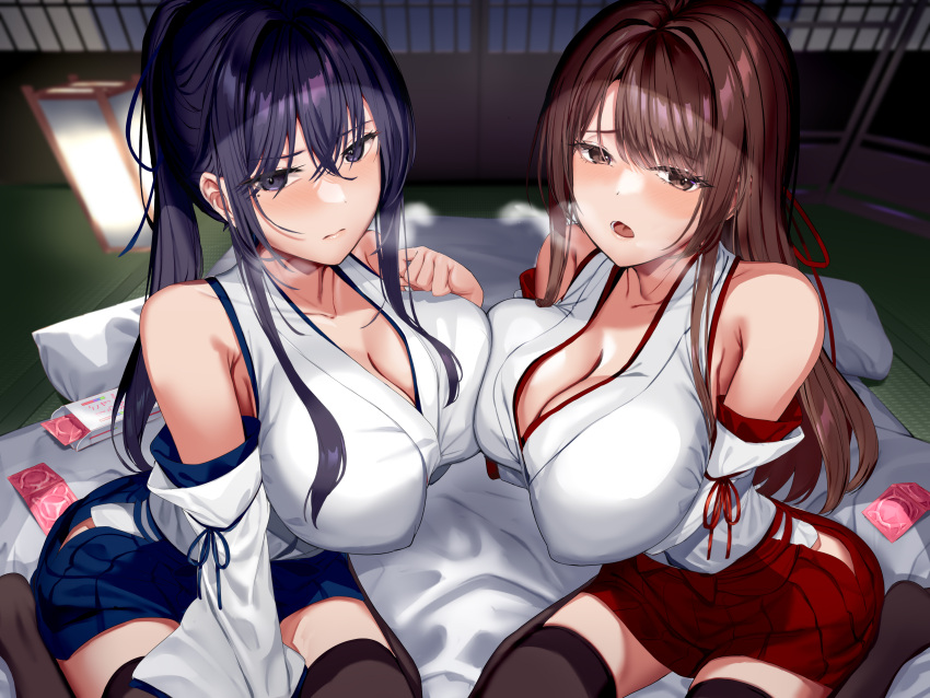 2girls absurdres arm_under_breasts bare_shoulders black_thighhighs blue_eyes blue_hair blue_skirt blush breasts breath brown_hair cleavage closed_mouth collarbone commentary_request condom condom_wrapper covered_nipples detached_sleeves highres indoors lantern large_breasts long_hair long_sleeves looking_at_viewer multiple_girls neropaso non-web_source open_mouth original red_skirt sidelocks skirt tatami thighhighs