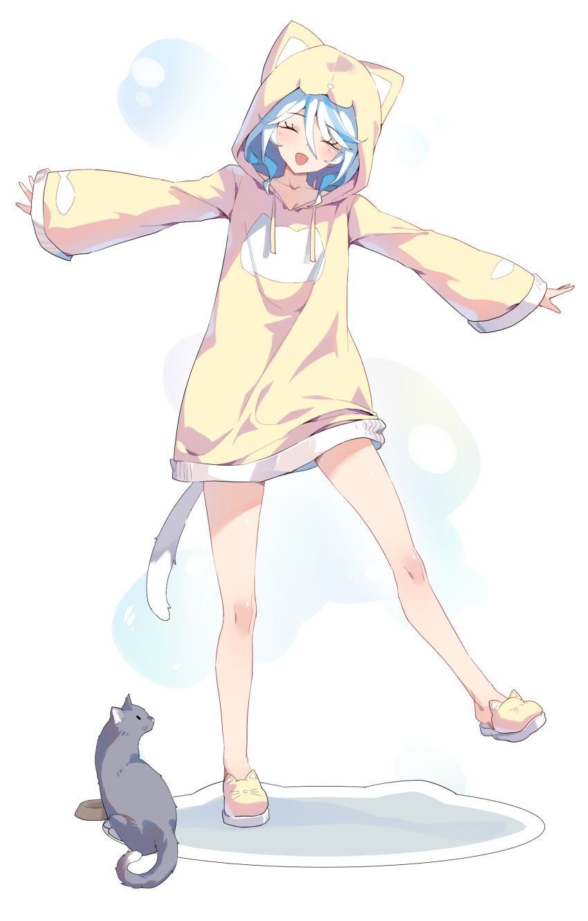 1girl absurdres ahoge alternate_costume blue_hair cat cat_tail closed_eyes full_body furina_(genshin_impact) genshin_impact hair_between_eyes highres legs light_blue_hair long_sleeves multicolored_hair open_mouth short_hair simple_background smile snozaki solo streaked_hair tail two-tone_hair white_background