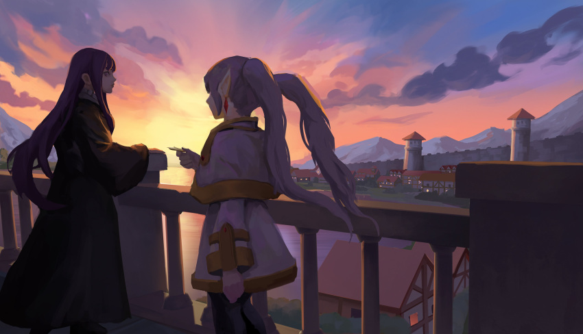 2girls absurdres black_robe blue_sky building bush capelet cloud cloudy_sky dangle_earrings earrings elf english_commentary fern_(sousou_no_frieren) frieren gradient_sky highres jewelry long_hair long_sleeves looking_at_another mountain multiple_girls orange_sky pointy_ears profile purple_eyes purple_hair railing renl0l robe scenery sky sousou_no_frieren straight_hair sunset twintails wall water white_capelet white_hair wide_sleeves