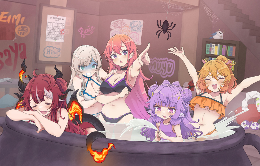 5girls :o animal_ears aqua_eyes arm_grab arms_up artist_request bikini black_bikini black_horns blush bookshelf breasts bug character_name closed_eyes cow_ears cow_girl cow_horns dragon_girl dragon_horns dragon_tail eimi_isami fire gradient_hair grey_hair highres hikanari_hina horns long_hair multicolored_hair multiple_girls muu_muyu navel one-piece_swimsuit open_mouth orange_bikini orange_hair phase_connect pink_hair pointing purple_eyes purple_hair purple_one-piece_swimsuit red_hair red_one-piece_swimsuit runie_ruse same-sex_bathing saya_sairroxs shared_bathing short_hair silk sleeping spider spider_web streaked_hair swimsuit tail underboob white_bikini white_hair