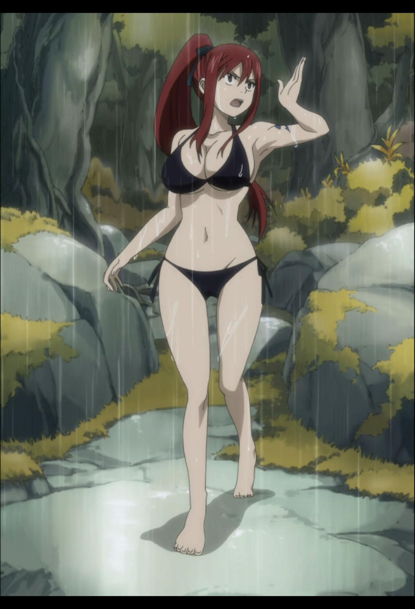 1girl bikini breasts erza_scarlet fairy_tail feet highres large_breasts long_hair midriff navel open_mouth pony_tail ponytail rain red_hair screencap solo stitched swimsuit tatoo tattoo wet