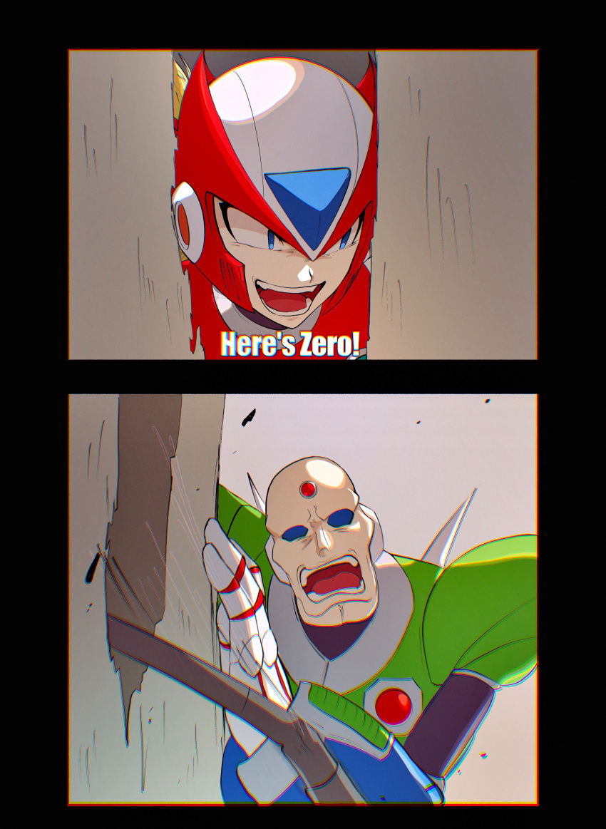 2boys absurdres android bald blonde_hair blue_eyes blue_sclera colored_sclera commentary english_commentary english_text helmet here's_johnny!_(meme) highres impact_(font) industrial_pipe male_focus mega_man_(series) mega_man_x4 mega_man_x_(series) meme multiple_boys scared sigma_(mega_man) tanewiii the_shining upper_body zero_(mega_man)