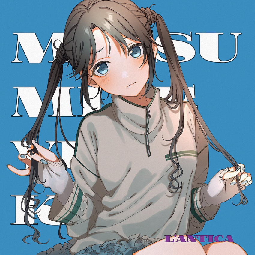 1girl black_hair blue_background blue_eyes blush breasts character_name commentary fingernails grey_shirt group_name highres holding holding_hair idolmaster idolmaster_shiny_colors iwawa mitsumine_yuika nail_polish shirt simple_background small_breasts solo text_background twintails