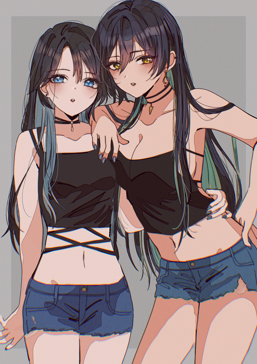 2girls :o alternate_costume alternate_hairstyle aqua_hair arm_on_another's_shoulder black_camisole black_hair blush breasts camisole cleavage collarbone colored_inner_hair crop_top denim denim_shorts earrings fingernails hair_between_eyes hand_on_another's_waist highres idolmaster idolmaster_shiny_colors jewelry large_breasts long_hair looking_at_viewer mitsumine_yuika multicolored_hair multiple_girls nail_polish navel paddy_field shirase_sakuya short_shorts shorts sideboob small_breasts stomach straight_hair stud_earrings two-tone_hair very_long_hair