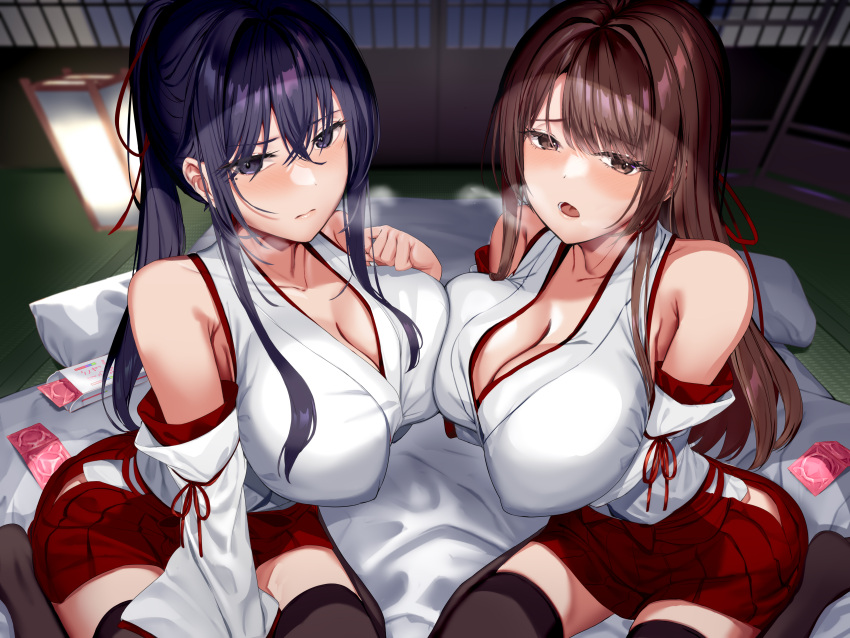 2girls absurdres arm_under_breasts bare_shoulders black_thighhighs blue_eyes blue_hair blush breasts breath brown_hair cleavage closed_mouth collarbone commentary_request condom condom_wrapper covered_nipples detached_sleeves highres indoors lantern large_breasts long_hair long_sleeves looking_at_viewer multiple_girls neropaso non-web_source open_mouth original red_skirt sidelocks skirt tatami thighhighs