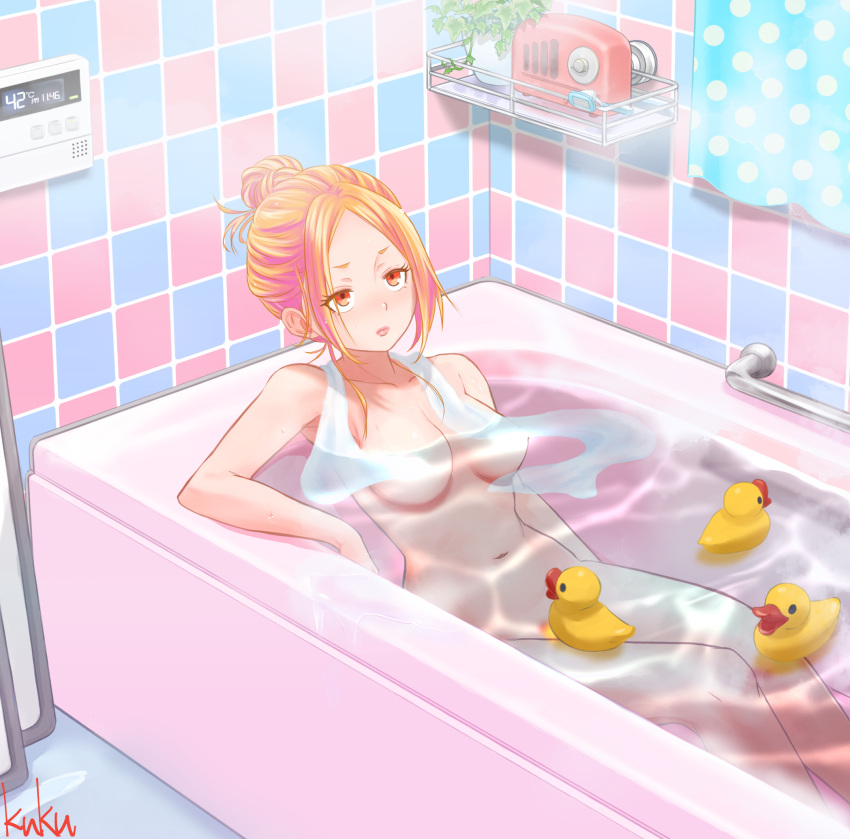 1girl arm_rest bathing bathtub blonde_hair breasts commentary_request completely_nude convenient_censoring hair_bun highres kuku_(laser_beamer) medium_breasts navel nude orange_eyes original partially_submerged pink_lips radio rubber_duck signature single_hair_bun solo steam thermostat tile_wall tiles towel towel_around_neck