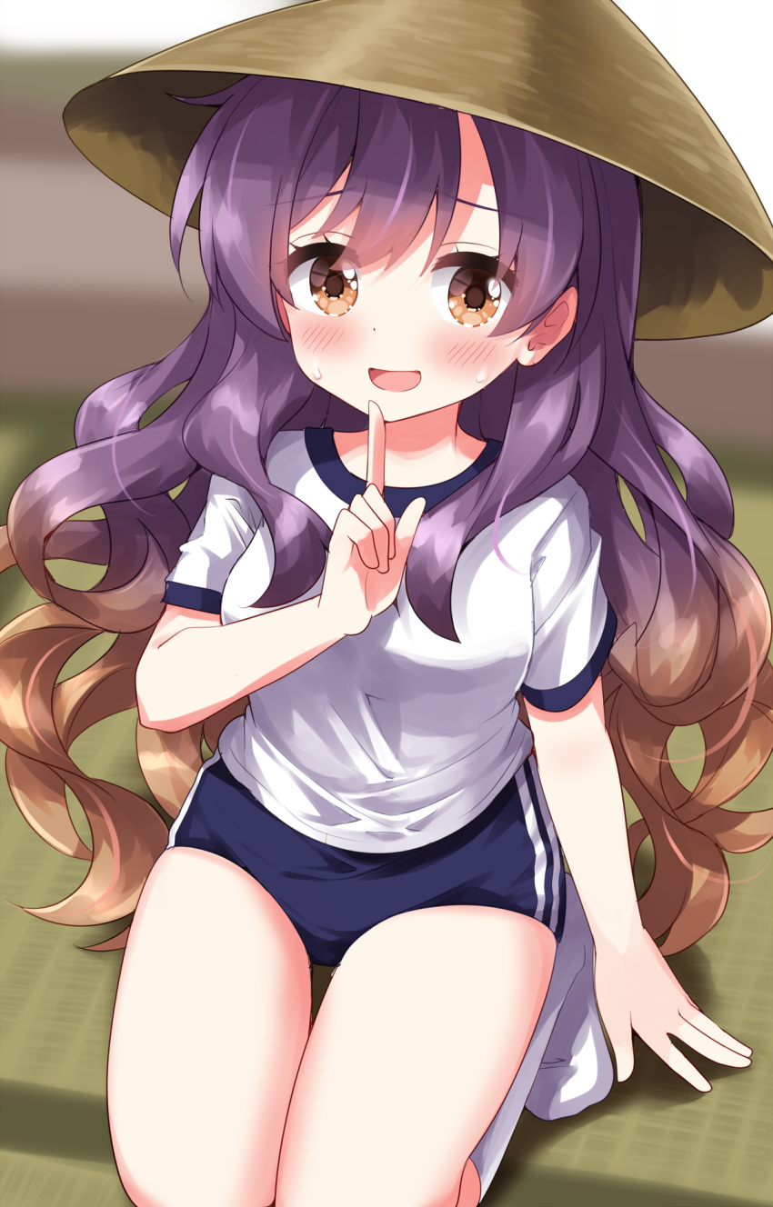 1girl :d ajirogasa alternate_costume blue_shorts blush brown_eyes brown_hair dojo finger_to_mouth gym_uniform hat highres hijiri_byakuren indoors legs long_hair purple_hair ruu_(tksymkw) seiza shirt short_sleeves shorts sitting smile socks sweat touhou very_long_hair white_shirt white_socks