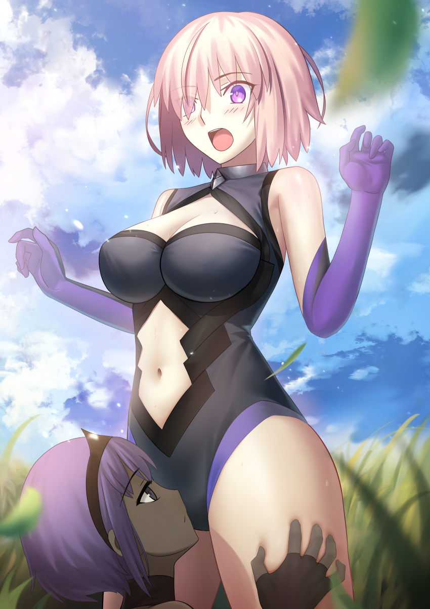 2girls absurdres bare_shoulders besmiled black_gloves black_hairband black_leotard blue_sky blush breasts cleavage cleavage_cutout clothing_cutout collar dark-skinned_female dark_skin elbow_gloves fate/grand_order fate_(series) fingerless_gloves gloves grass grey_eyes hair_over_one_eye hairband hassan_of_serenity_(fate) highleg highleg_leotard highres large_breasts leotard looking_down mash_kyrielight metal_collar multiple_girls navel navel_cutout open_mouth purple_eyes purple_gloves purple_hair short_hair sidelocks sky thighs