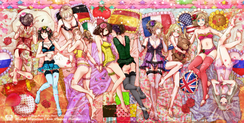 ^_^ ahoge alternate_costume america_(hetalia) american_flag animal anklet annoyed ass axis_powers_hetalia babydoll bangs bare_legs bare_shoulders barefoot between_breasts blanket blonde_hair blue_eyes blue_legwear blush bow bra bracelet breasts brown_eyes brown_hair candy china_(hetalia) cleavage closed_eyes colored_eyelashes dog double_bun ear_piercing earrings elbow_gloves embarrassed fingernails fishnet_gloves fishnet_legwear fishnets flag_print flower food france_(hetalia) french_flag frilled_panties frills from_above frown garter_belt genderswap genderswap_(mtf) german_flag germany_(hetalia) glasses gloves green_eyes grey_legwear hair_bun hair_flower hair_grab hair_ornament hairband hand_on_head hand_on_thigh happy hat head_rest head_wreath heart heart_pillow highres holding_hands iron_cross italian_flag japan_(hetalia) jewelry knees_touching large_breasts leg_garter leg_grab legband legs_up lingerie lollipop long_hair lying midriff mini_hat mini_top_hat multiple_girls nail_polish navel navel_piercing necklace northern_italy_(hetalia) on_back on_side open_mouth panties pearl_necklace people's_republic_of_china_flag petals piercing pillow pochi_(hetalia) polka_dot polka_dot_panties ponytail print_pillow purple_eyes red_flower red_legwear red_rose ribbon ring rose rose_petals russia_(hetalia) russian_flag ryoanji shinatty-chan short_hair siblings sisters smile southern_italy_(hetalia) spain_(hetalia) spanish_flag sparkle stuffed_animal stuffed_toy sunflower sweat swept_bangs tail tail_ribbon tattoo teddy_bear teeth text_focus thighhighs toeless_legwear toenail_polish toenails tomato top_hat twintails underwear underwear_only union_jack united_kingdom_(hetalia) very_long_hair wavy_hair zettai_ryouiki