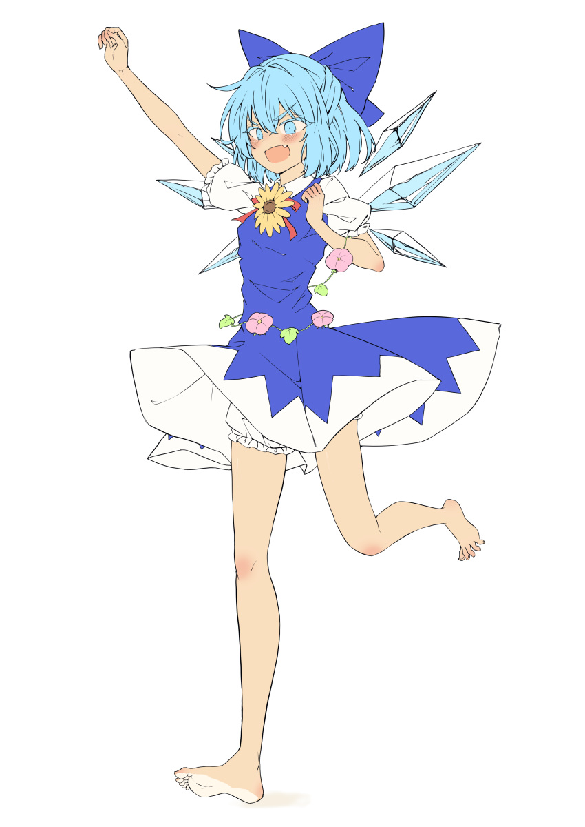 1girl absurdres arm_up barefoot bloomers blue_bow blue_dress blue_eyes blue_hair blush bow cirno clenched_hands commentary_request dress fang flower full_body hair_bow highres ice ice_wings open_mouth pink_flower puffy_short_sleeves puffy_sleeves seika_okawari shirt short_sleeves simple_background sleeveless sleeveless_dress smile soles solo standing standing_on_one_leg sunflower tan tanned_cirno touhou v-shaped_eyebrows white_background white_shirt wings