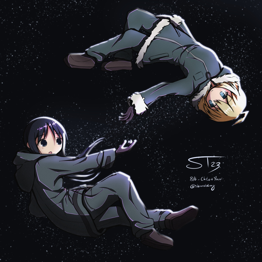 2girls black_hair blonde_hair blue_eyes brown_eyes brown_footwear chito_(shoujo_shuumatsu_ryokou) floating highres military_uniform multiple_girls open_mouth reaching sbinnalatony short_hair shoujo_shuumatsu_ryokou signature space star_(sky) uniform yuuri_(shoujo_shuumatsu_ryokou)