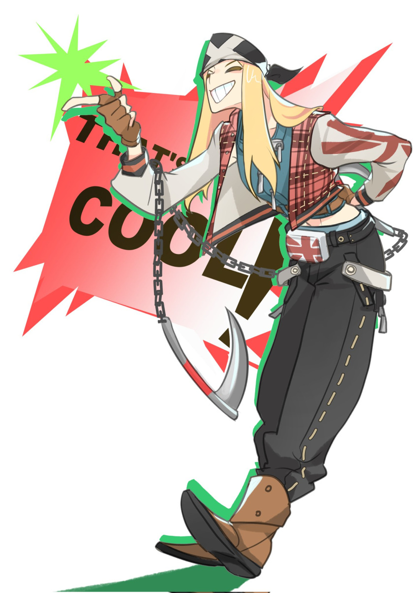 1boy axl_low bandana black_pants blonde_hair brown_gloves doggie_eki fingerless_gloves gloves grin guilty_gear guilty_gear_strive highres jacket kama_(weapon) kusarigama long_hair long_sleeves male_focus pants plaid plaid_jacket red_jacket sickle smile union_jack weapon