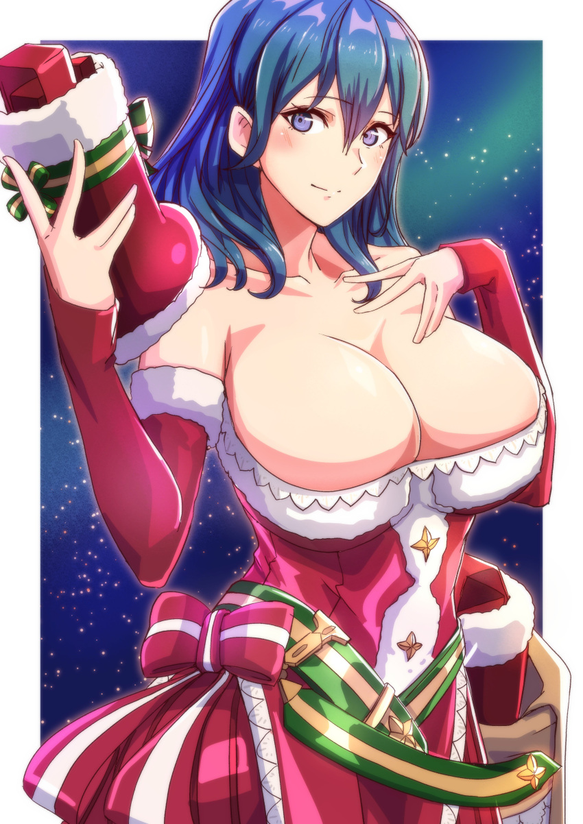 1girl absurdres bare_shoulders blue_eyes blue_hair breasts bursting_breasts byleth_(female)_(fire_emblem) byleth_(fire_emblem) cecilia_(fire_emblem) cecilia_(winter)_(fire_emblem) cecilia_(winter)_(fire_emblem)_(cosplay) christmas christmas_ornaments christmas_present christmas_star christmas_stocking cleavage closed_mouth cosplay dress elbow_gloves fire_emblem fire_emblem:_three_houses fire_emblem_heroes fur-trimmed_dress fur_trim gift gloves hair_between_eyes hand_on_own_chest highres holding huge_breasts long_hair looking_at_viewer mature_female medium_hair red_dress red_gloves santa_dress simple_background sky smile solo star_(sky) starry_sky to_(tototo_tk)