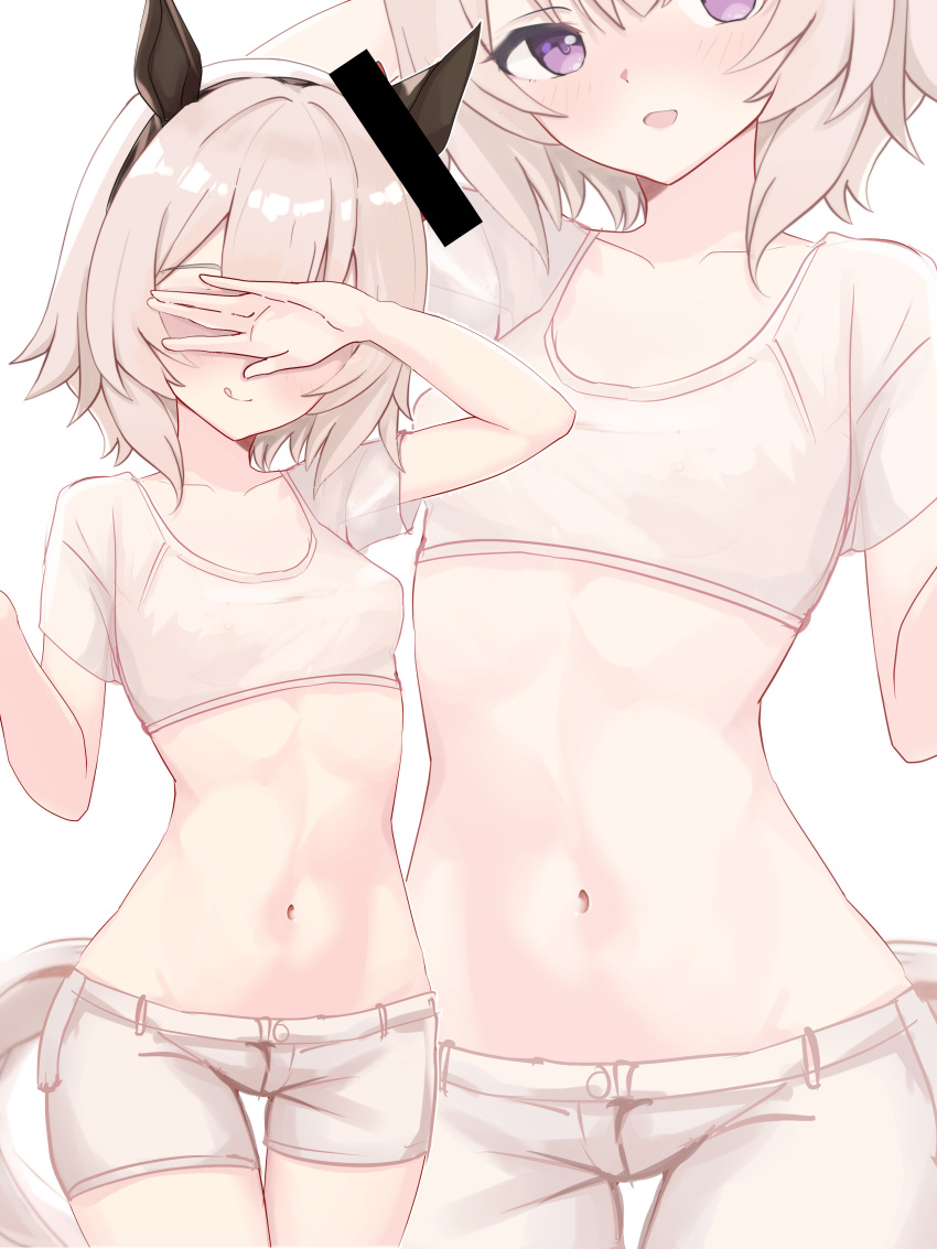 1girl :p absurdres animal_ears bar_censor black_hairband blush bow breasts censored covering_face covering_own_eyes cowboy_shot crop_top cropped_shirt curren_chan_(umamusume) ear_bow ear_covers ear_ribbon fake_censor grey_hair hair_between_eyes hairband hand_over_eye highres horse_ears horse_girl horse_tail identity_censor looking_at_viewer lowleg lowleg_shorts midriff multiple_views nakoni_(solalalala) navel open_mouth pointless_censoring purple_eyes red_bow school_uniform shirt short_hair short_shorts short_sleeves shorts simple_background small_breasts smile solo stomach tail thigh_gap tongue tongue_out umamusume white_background white_hair white_shirt white_shorts