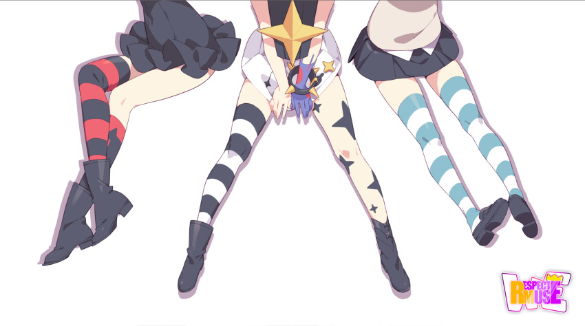 3girls absurdres boots clear_(djmax) djmax fail_(djmax) highres mamo_c multiple_girls muse_dash non-web_source play_(djmax) shoes skirt source_request striped thighhighs zettai_ryouiki