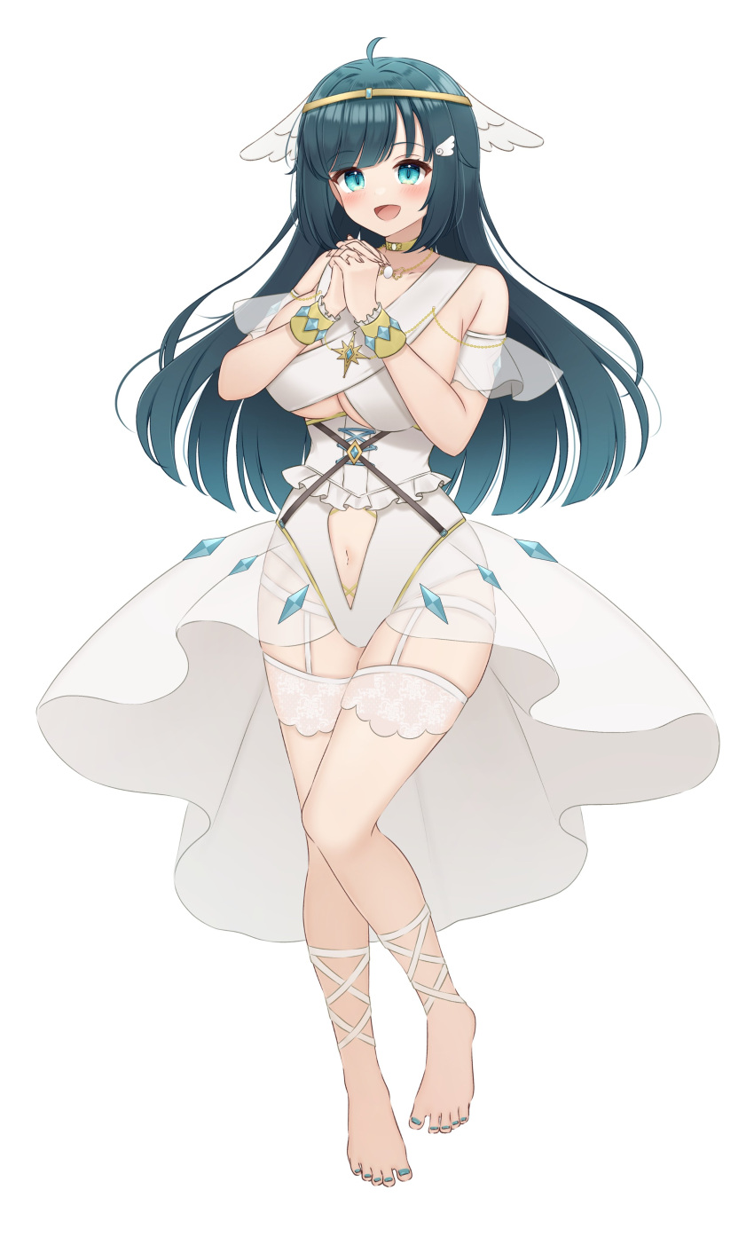 1girl :d absurdres ahoge amano_nene_(vtuber) amano_nene_(vtuber)_(5th_costume) aqua_eyes barefoot bikini blue_hair blush body_chain bracelet breasts circlet clothing_cutout corset curvy dark_blue_hair detached_sleeves english_commentary full_body garter_straps hair_ornament hairclip high-low_skirt highres jewelry large_breasts leg_ribbon legwear_garter long_hair looking_at_viewer nail_polish navel navel_cutout neck_ring official_alternate_costume official_alternate_hairstyle official_art open_mouth own_hands_clasped own_hands_together production_kawaii ribbon second-party_source seductive_smile see-through see-through_skirt see-through_sleeves showgirl_skirt sidelocks simple_background skirt sling_bikini_top smile solo standing standing_on_one_leg swimsuit toenail_polish toenails underbust virtual_youtuber white_background white_bikini white_garter_straps white_skirt white_sleeves wing_hair_ornament yukiunag1