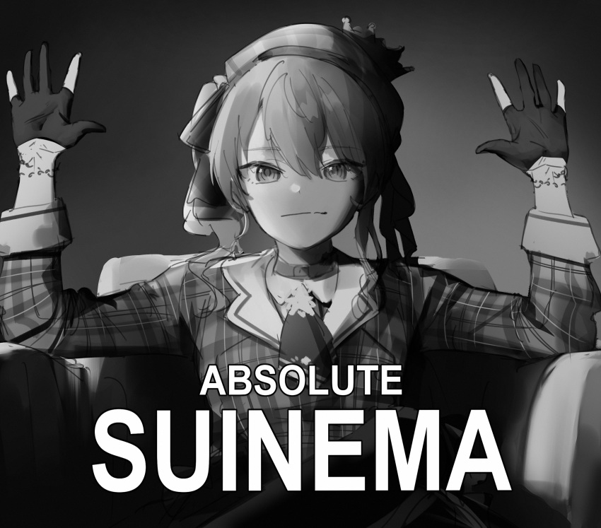 1girl absolute_cinema_(meme) armchair beret chair choker closed_mouth crown gloves greyscale hair_between_eyes hair_ribbon hand_up hat highres hololive hoshimachi_suisei hoshimachi_suisei_(1st_costume) hyde_(tabakko) jacket long_sleeves looking_at_viewer meme monochrome on_chair open_hands partially_fingerless_gloves plaid plaid_headwear plaid_jacket pun ribbon side_ponytail sitting solo star_(symbol) star_in_eye straight-on symbol_in_eye upper_body virtual_youtuber