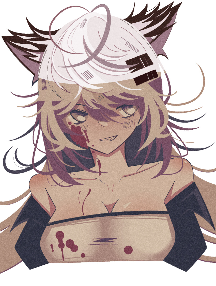 1girl 961 animal_ear_fluff animal_ears antenna_hair arknights bandeau bare_shoulders black_hair black_jacket blood blood_on_breasts blood_on_clothes blood_on_face blood_stain blush breasts cleavage collarbone colored_inner_hair commentary cropped_torso facing_viewer fang film_grain grey_eyes grey_hair grin hair_between_eyes hair_ornament hairclip highres jacket lappland_(arknights) looking_afar looking_to_the_side messy_hair multicolored_hair muted_color off_shoulder open_clothes open_jacket parted_lips scar scar_across_eye scar_on_face shade shadow simple_background smile solo standing symbol-only_commentary teeth two-tone_hair upper_body variant_set white_background white_bandeau wolf_ears wolf_girl