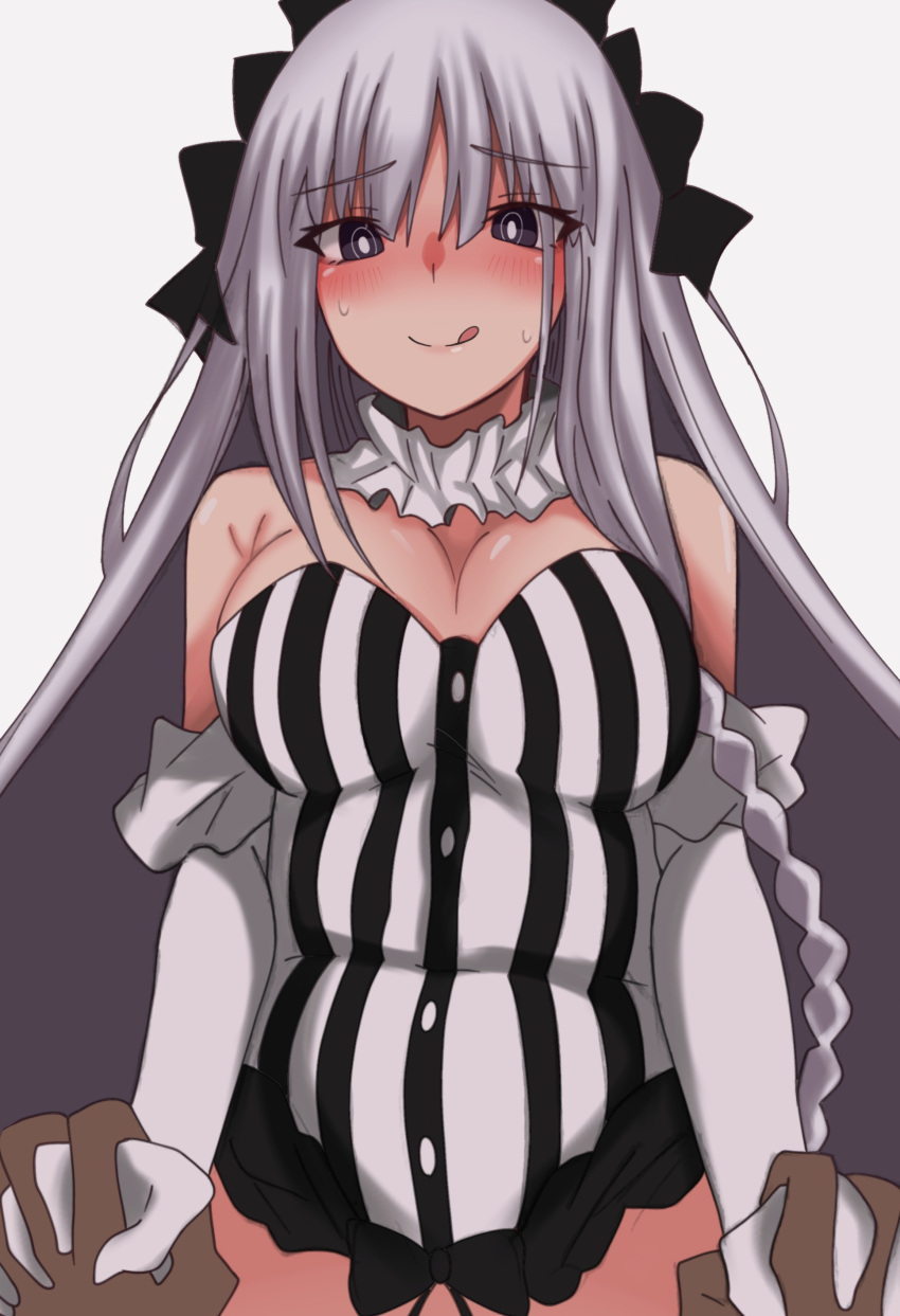 1boy 1girl absurdres bare_shoulders black_bow black_eyes bow braid breasts cleavage collar dress elbow_gloves fate/strange_fake fate_(series) francesca_prelati_(fate) frilled_collar frills girl_on_top gloves grey_hair hair_bow highres holding_hands implied_sex licking_lips long_hair looking_at_viewer maz_515 medium_breasts out-of-frame_censoring ringed_eyes sidelocks smile solo_focus spread_legs straddling striped_clothes striped_dress thighs tongue tongue_out very_long_hair white_dress white_gloves