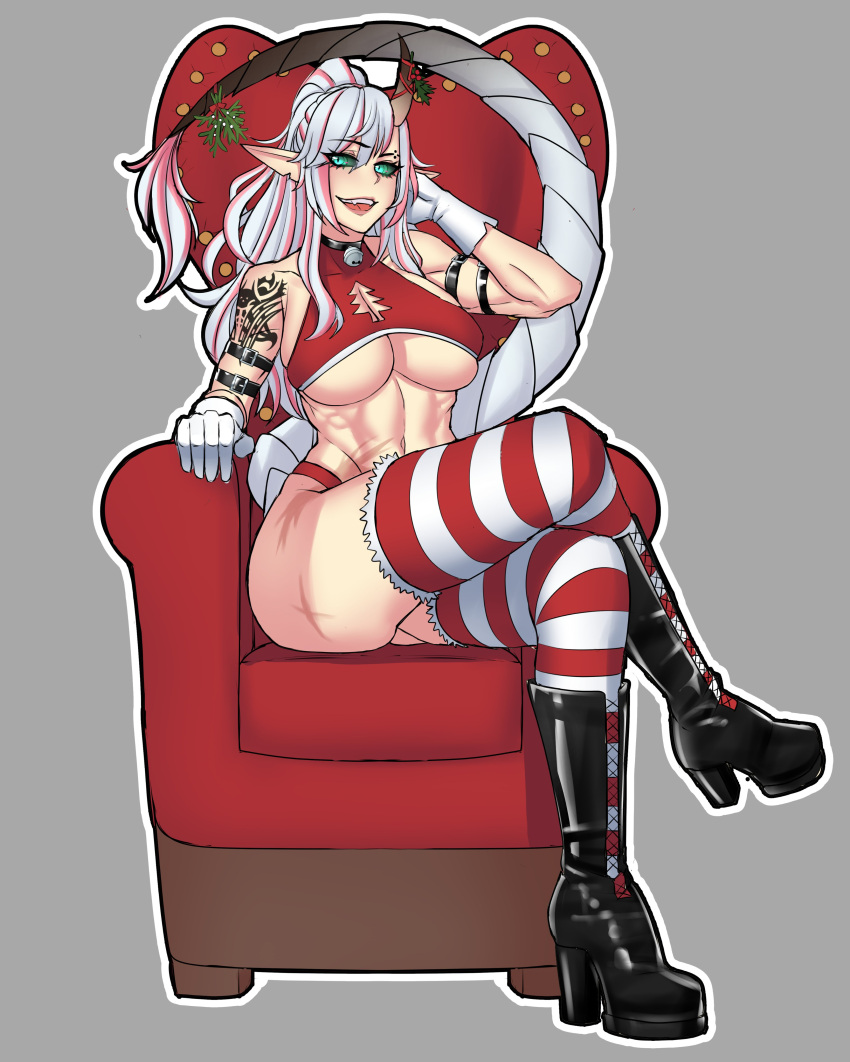 1girl abs absurdres arm_strap armchair astral_snowlight black_footwear black_sclera boots breasts chair christmas cleavage_cutout clothing_cutout colored_sclera commentary commission cooterzi crop_top cross_scar crossed_legs english_commentary fang full_body gloves grey_background halterneck high_heel_boots high_heels highres holly horn_ornament horns indie_virtual_youtuber large_breasts long_hair long_pointy_ears looking_at_viewer multicolored_hair multiple_scars muscular muscular_female oni panties pink_hair pointy_ears ponytail red_panties red_thighhighs scar scar_on_leg shoulder_tattoo single_horn sitting slit_pupils solo striped_clothes striped_thighhighs tail tail_ornament tattoo teeth thighhighs two-tone_hair underboob underwear upper_teeth_only white_gloves white_hair