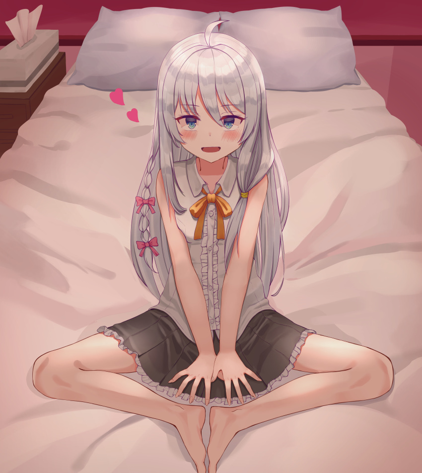 1girl absurdres bare_legs barefoot black_skirt blush bow bowtie butterfly_sitting collared_shirt elaina_(majo_no_tabitabi) frilled_skirt frills full_body grey_hair heart highres indoors knees_apart_feet_together long_hair looking_at_viewer majo_no_tabitabi nano_illustrator on_bed open_mouth orange_bow orange_bowtie pillow shirt skirt sleeveless sleeveless_shirt solo tissue_box white_shirt