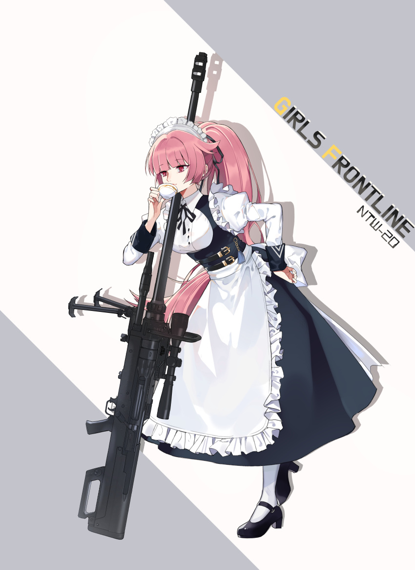 1girl absurdres anti-materiel_rifle apron black_dress black_footwear black_ribbon blunt_bangs breasts character_name copyright_name cup dress drinking frills girls'_frontline gun hair_ribbon hand_on_own_hip highres holding holding_cup juliet_sleeves long_hair long_sleeves lyps maid maid_headdress ntw-20 ntw-20_(girls'_frontline) ntw-20_(the_aristocrat_experience)_(girls'_frontline) official_alternate_costume pantyhose pink_eyes pink_hair ponytail puffy_sleeves ribbon rifle sniper_rifle solo very_long_hair weapon white_pantyhose