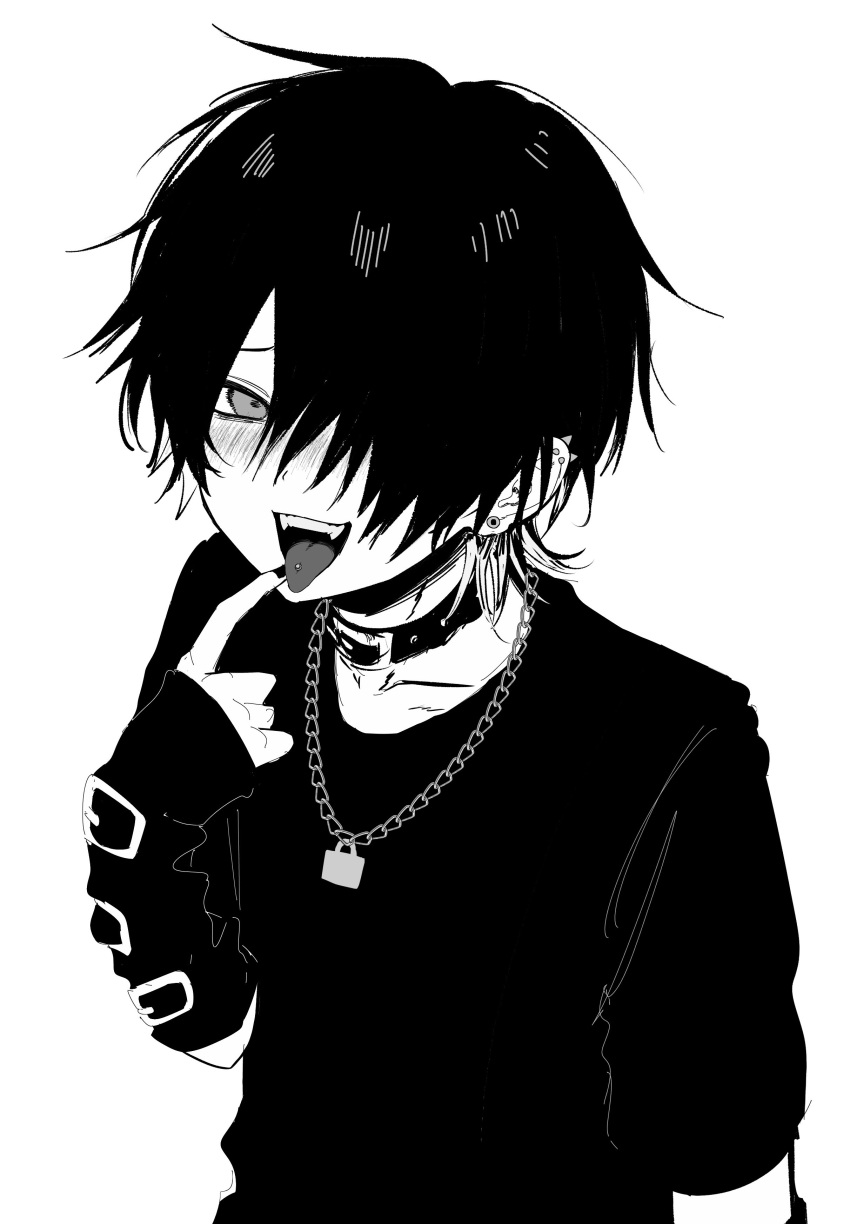 1boy absurdres arm_warmers blush collar ear_piercing fangs greyscale hair_over_one_eye highres imai_akira jewelry looking_at_viewer male_focus monochrome nail_polish necklace open_mouth original piercing shirt simple_background solo studded_collar tongue_piercing upper_body