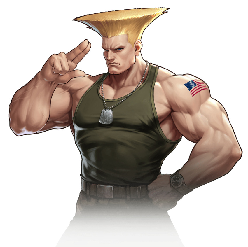 american_flag belt blonde_hair dog_tags guile hand_on_own_hip impossible_hair jewelry muscular muscular_male necklace salute serious simple_background street_fighter tank_top two-finger_salute watch wristwatch